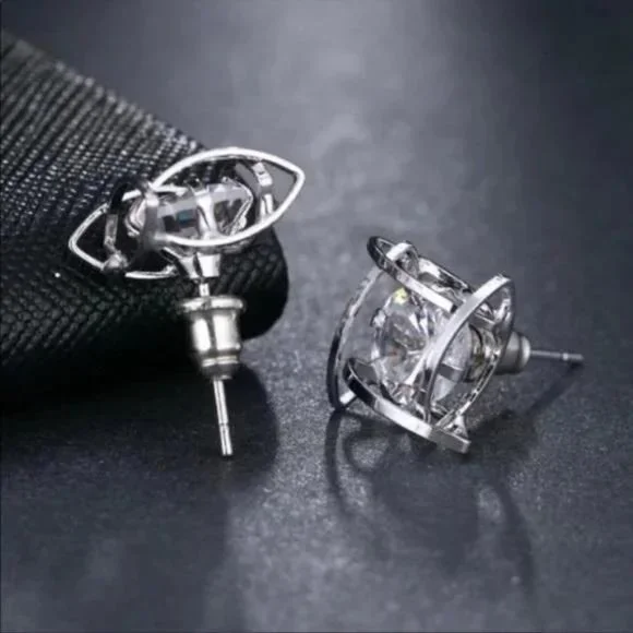STERLING SILVER 3D CAGE DIAMOND EARRINGS, BEAUTIFUL EARRINGS, CUTE EARRINGS. - Picture 6 of 6